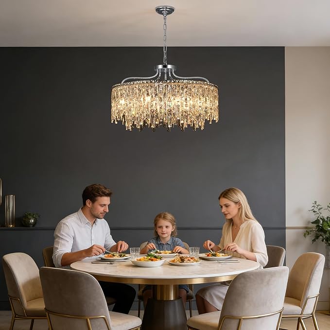 10 Lights Chrome Crystal Chandeliers for Dining Room Light Fixture | D28 Modern Round Crystal Chandelier Over Table | Hanging Lighting for Living Room Kitchen Island Bedroom Bathroom