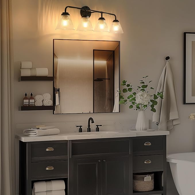 Modern Black Bathroom Vanity Light, 4-Light Wall Sconce with Clear Ribbed Glass Shades, Farmhouse Industrial Light Fixture for Bathroom, Vanity Mirror, Powder Room, Hallway (black, Powder Coated, 4)