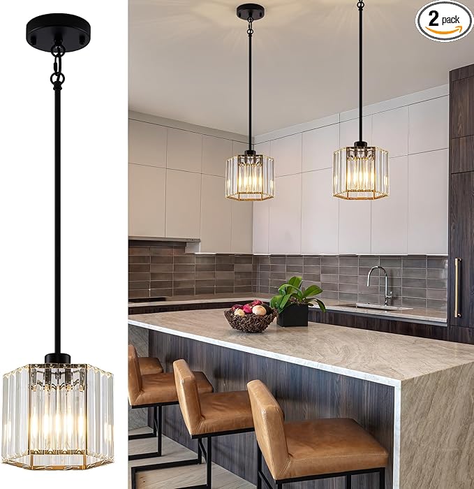 XSDeTu Black Pendant Lights Kitchen Island 2 Pack, Modern Crystal Chandeliers, Mini Hexagonal Pendant Light Fixture, Adjustable Hanging Ceiling Light for Kitchen Island Dinning Room Sink Bedroom
