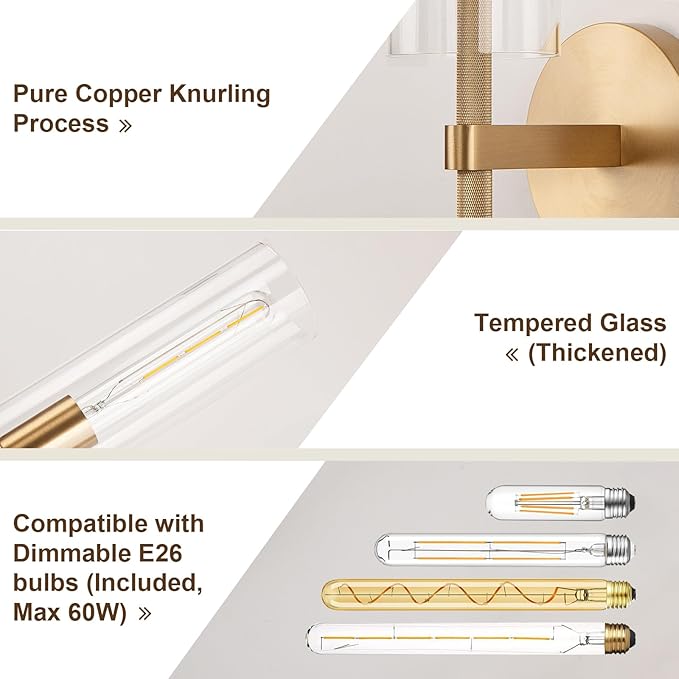 Brass Gold 2-Light Knurled Wall Sconce, Dual-Head Vanity Lamp with Clear Glass Tube, Bathroom Wall Sconces, Wall Lights for Living Room Bedroom Hallway Kitchen Bathroom Mirror