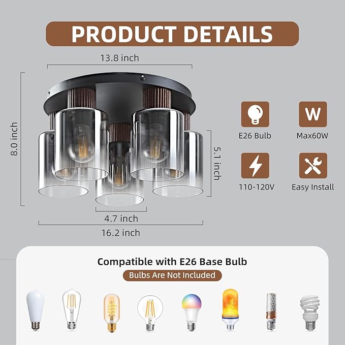 5-Lights Semi Flush Mount Ceiling Light Kitchen Lighting Fixtures Ceiling Black Walnut Wood Kitchen Cieling Light Fixtures with Clear Glass Shade for Dining Room Entryway Foyer Hallway