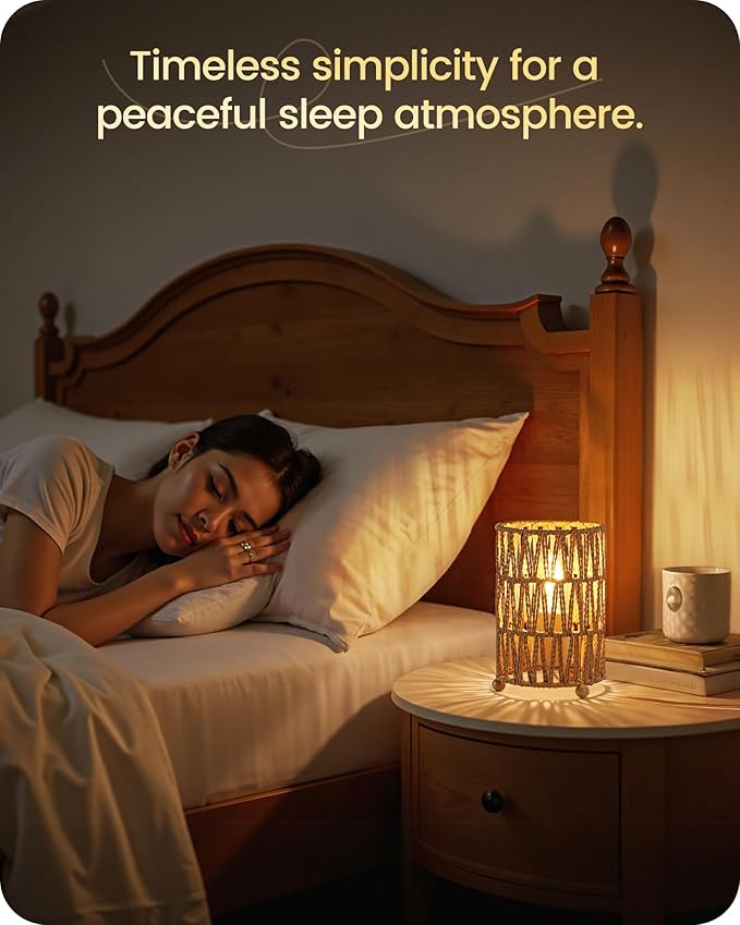 Small Rattan Table Lamps Set of 2, Boho Bedside Lamps Plug in, Handwoven Paper Rattan Lampshade, 2400K LED Bulb Included, Desk Lamp, Nightstand Lamp for Bedroom, Living Room, Mesh H11TLP205