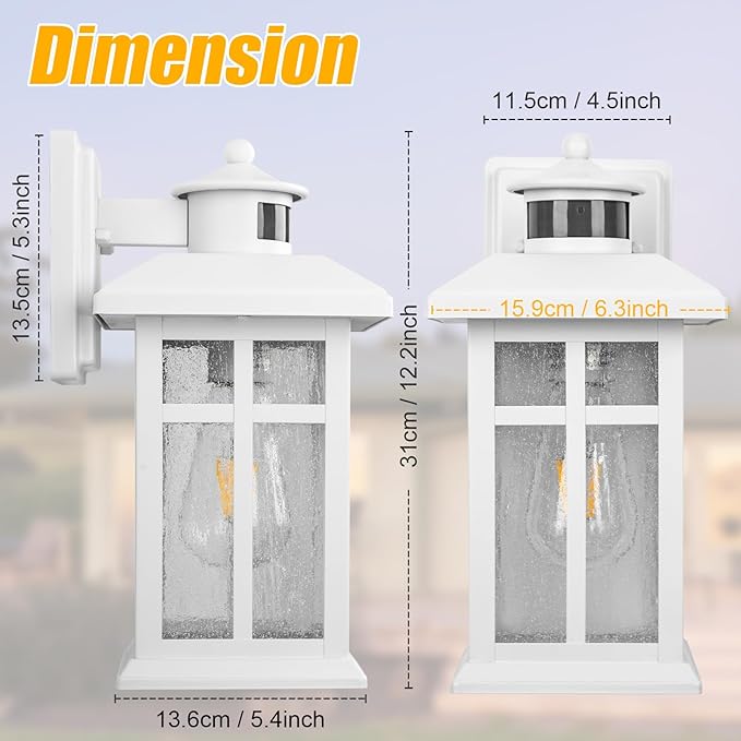Brilvibera 2 Packs Motion Sensor Outdoor Lights, Outside Light Fixtures for House White, Porch Lights Outdoor 2- Pack with E26 Sockets & Tempered Glass, Waterproof Exterior Wall Lights Motion Sensor
