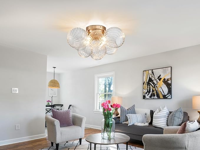 AGV LIGHTING Modern Bubble Glass Flush Mount Ceiling Light Fixture, Gold 4-Light Ceiling Chandelier with Clear Textured Glass Globe Shades, 18” Living Room Bedroom Dining Room Lighting