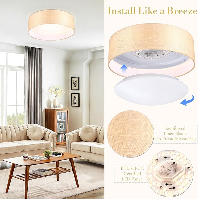 Hamilyeah 16 inch LED Flush Mount Ceiling Light, 36W 5CCT Dimmable Gold Fabric Drum Light Fixture Ceiling Mount, Modern Ceiling Lamp for Bedroom, Kitchen, Bathroom, Living Room, Hallway
