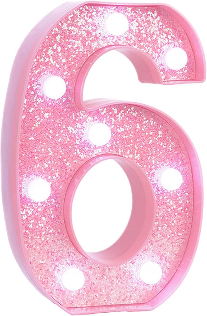 Pink Light Up Marquee Numbers, Glitter LED Number Lights Sign Battery Operated for Girls 6th Pink Birthday Party Table Decorations, 2026 Graduation Decor, 8 Inch Number 6 with Cool White Lights