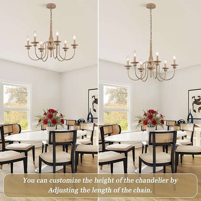 24" French Country Chandelier for Kitchen Island, 9-Light Farmhouse Pendant Light Fixture in Antique White, Adjustable Height for Dining Room & Living Room, Foyer