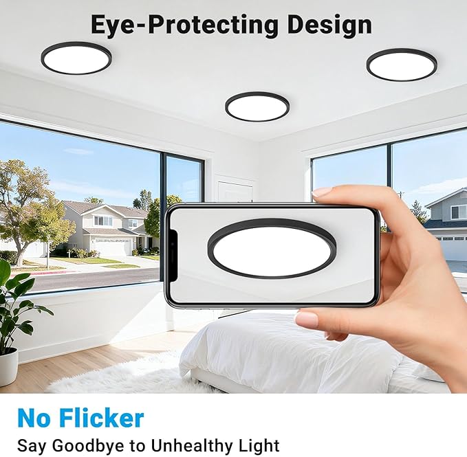 8 Pack LED Flush Mount Ceiling Light,7Inch 15W,3000K/3500K/4000K/5000K/6500K 5 Color Temperatures Ceiling Light Fixture for Kitchen Porch Hallway Bedroom Bathroom and Closet,Black