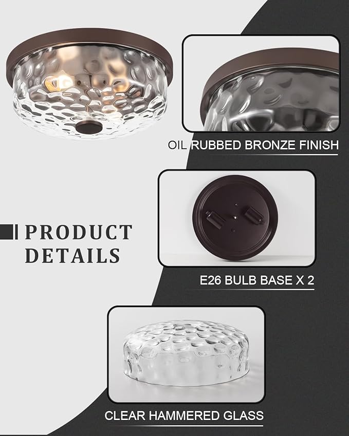 12 Inch Farmhouse Flush Mount Ceiling Light, 2 Light Industrial Close to Ceiling Light, Industrial Ceiling Lighting Fixture for Kitchen Hallway Bedroom Living Room (12.2 Inch Oil Rubbed Bronze)