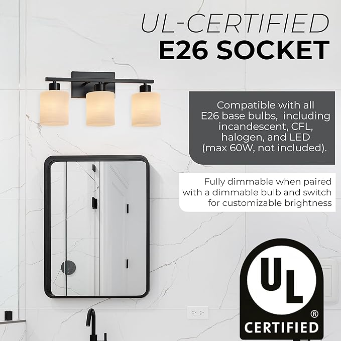 The Door Bull Modern Bathroom Vanity Light, Milky White Glass Shades, Wall Sconce for Bedroom & Living Room, E26 Socket, Over Mirror Lighting Fixture (Matte Black, 3 Lights)