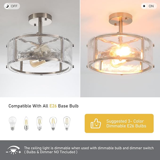 Modern Semi Flush Mount Ceiling Light Fixture, Brushed Nickel Dining Room Light Fixture, 2-Light Glass Foyer Lighting Fixtures 12.8" Small Ceiling Lights for Hallway Living Laundry Room Bedroom