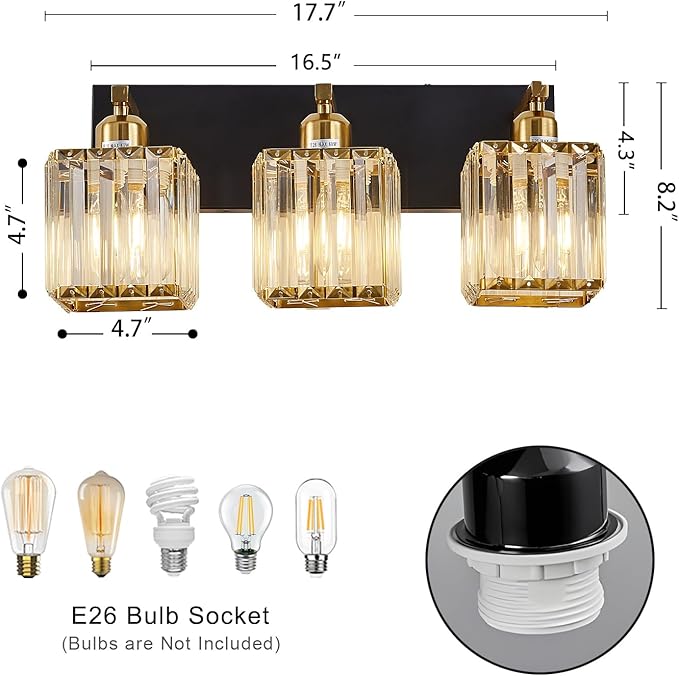Modern Crystal Bathroom Lights Fixtures Black Gold 3-Lights Bathroom Vanity Lights Over Mirror Brass Vanity Lighting Fixtures Crystal Wall Lighting with Polished Gold Finish