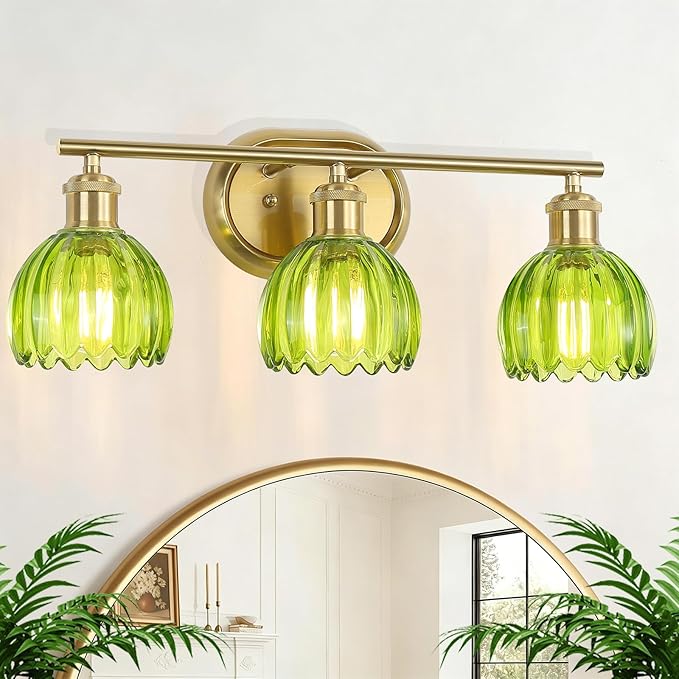 Gold Bathroom Light Fixtures, 3-Light Vanity Lights for Bathroom with Ribbed Green Tulip Glass Shade, Brass Wall Scone Lighting Over Mirror for Farmhouse,Bedroom,Living Room,Hallway