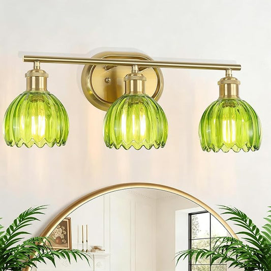 Gold Bathroom Light Fixtures, 3-Light Vanity Lights for Bathroom with Ribbed Green Tulip Glass Shade, Brass Wall Scone Lighting Over Mirror for Farmhouse,Bedroom,Living Room,Hallway