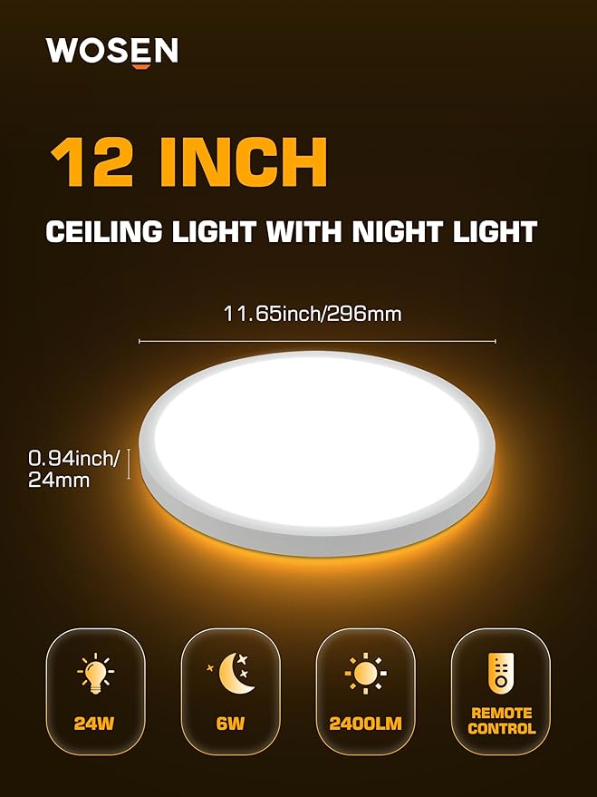 6 Pack 12 Inch LED Flush Mount Ceiling Light with Night Light 2000K, 3000K-6000K 5 Color Temperature 24W 2400LM Ultra-Slim Ceiling Light Fixture with Remote, Round Ceiling Lights for Bedroom, Kitchen