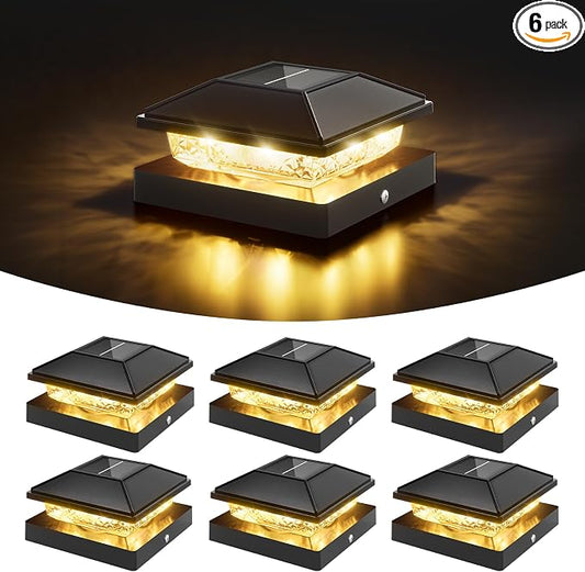VOLISUN 4x4 Solar Fence - Post Cap Lights 6pack Outdoor Waterproof, Black Deck Post Cap Light with Warm White,for 4x4 Wooden/4x4 Vinyl