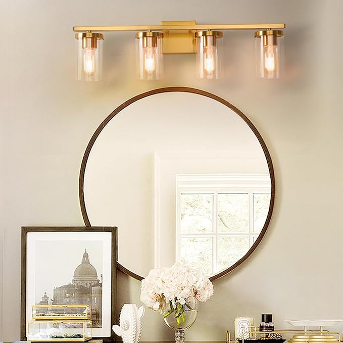27in Bathroom Light Fixture Over Mirror, 4-Light Gold Vanity Lights with Clear Glass Shades, Modern Wall Sconces for Living Room, Bedroom, Hallway, E26 Base
