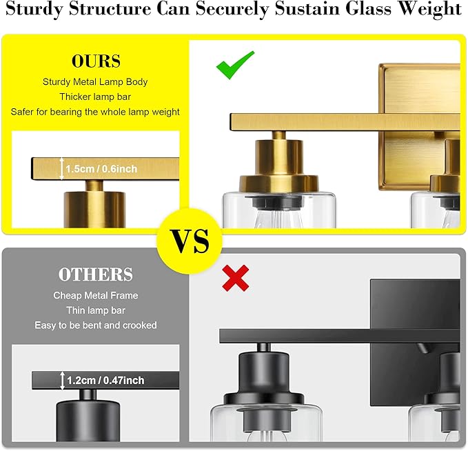 Ascher Bathroom Vanity Light Fixtures, 3 Light Wall Sconces Lighting with Clear Glass Shade, Gold Wall Lights for Mirror, Kitchen, Living Room, Gallery, E26 Base (Bulbs Not Included)