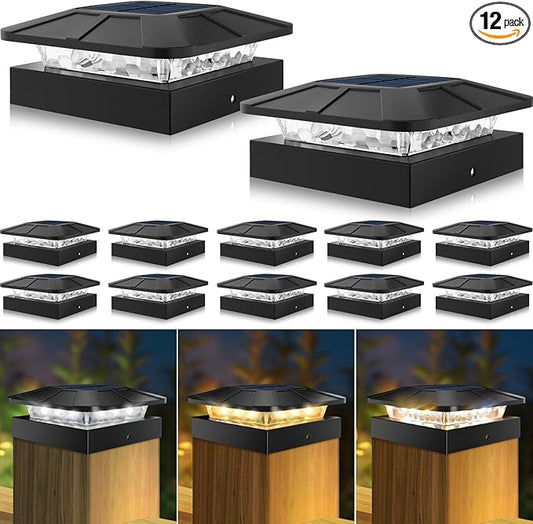 Peasur 4x4 Solar Post Cap Lights 12 Packs, 3 Lighting Modes Fence Caps Light Fits 4×4/3.5×3.5 Wood/Vinyl Posts, Waterproof Post Top Lighting for Outdoor Deck Mailbox Porch Railing