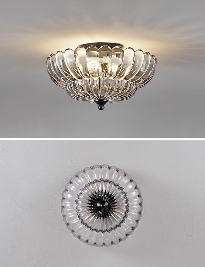 Semi Flush Mount Ceiling Light, Smoky Gray Glass Ceiling Light Fixture, 3-Bulb Modern Black Close to Ceiling Light, Vintage Glass Ceiling Lights for Bedroom Kitchen Living Room, Bulb Not Included
