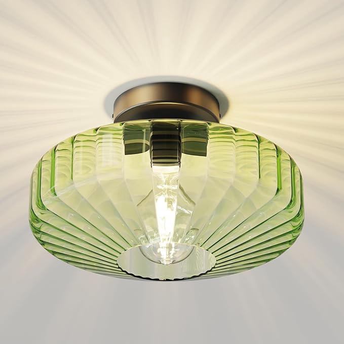 FCTWAKS Semi Flush Mount Ceiling Light, 11.8" Mid Century Modern 1-Light Close to Ceiling Light Fixtures with Drum Green Glass Shade for Bedroom Entryway Hallway Porch Foyer