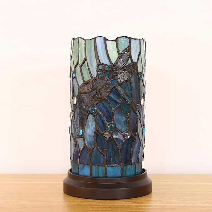 Tiffany Style Table Lamp for Bedroom Baroque Stained Glass Nightstand Bedside Night Lamp Party Light Hand-Made Art Home Deco Christmas Gifts W/ 2 LED Bulbs (3 Color Temperatures+Flame Bulb)