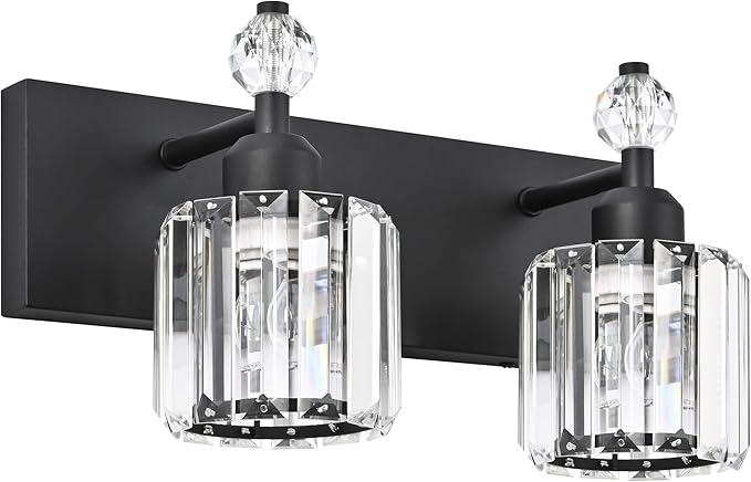 PRESDE 2-Light Crystal Bathroom Lights Fixtures Modern Matte Black Wall Lighting Over Mirror
