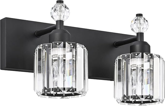 PRESDE 2-Light Crystal Bathroom Lights Fixtures Modern Matte Black Wall Lighting Over Mirror
