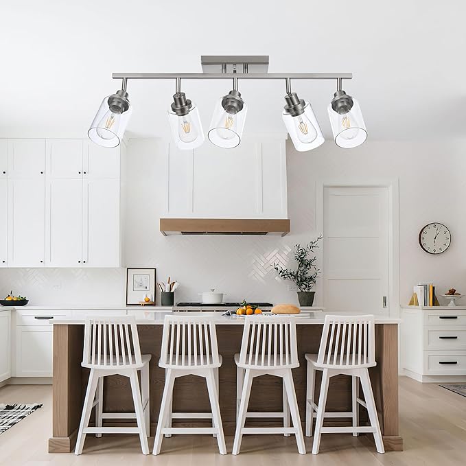 5 Light Multi-Directional Track Lighting Kit Brushed Nickel Kitchen Track Lighting Fixtures Ceiling Vanity Light Fixture with Clear Glass, Modern Rotatable E26 Spotlight for Kitchen Bathroom Hallway