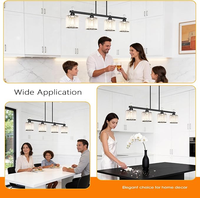 Lxybcce 32" Crystal Island Light for Kitchen Over Table, 4-Light Black Linear Pendant Light for Dining Room, Modern Ceiling Hanging Chandelier with Adjustable Height & Clear Crystal Shades, E26 Base