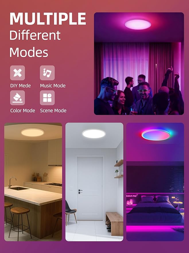 1 Pack 12 Inch Smart Ceiling Light Fixture, RGB LED Flush Mount Ceiling Light with Night Light, 24W 2400LM Ultra-Slim Ceiling Light with Remote, 16 Million DIY Colors, Works with Alexa/Google Home