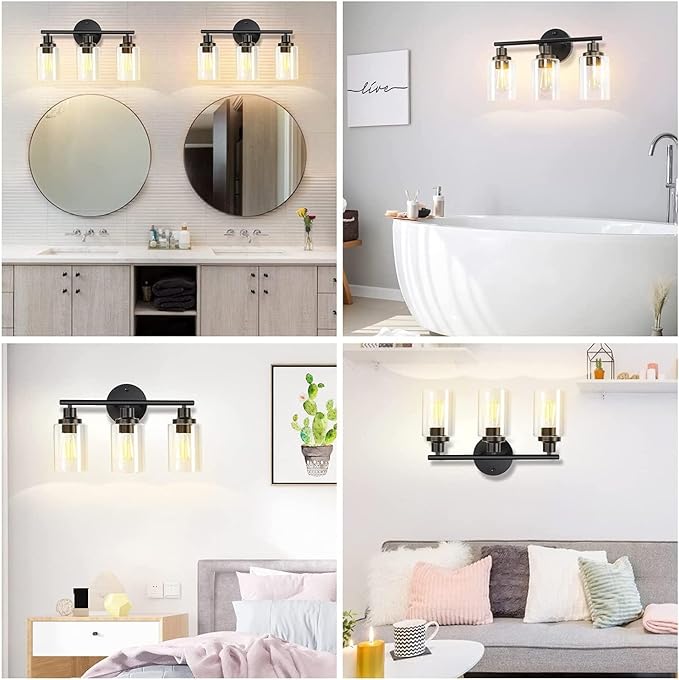 Pia Ricco Bathroom Vanity Light Fixtures, 3-Light Black Vanity Lights with Clear Glass Shades, Modern Wall Light Fixture Over Mirror, Bathroom Wall Sconces for Mirror Living Room Bedroom Hallway