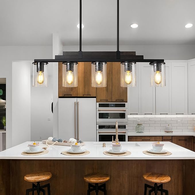 Farmhouse Wood Kitchen Island Lighting, 5-Light Adjustable Chandelier for Dining Room, Seeded Glass Shade Dining Room Light Fixture Over Table, Black Hanging Pendant Lights for Kitchen, Pool Table