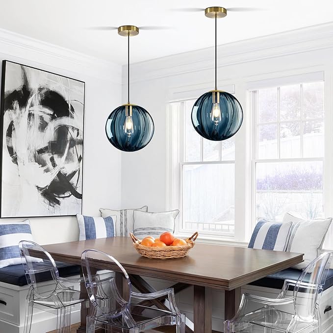 Modern Blue Glass Pendant Light, Kitchen Island Lighting 2-Pack Globe Pendant Light Fixtures Century Kitchen Island Pendant Lighting for Bedroom Living Dining Room Light Fixture (Without Bulb)