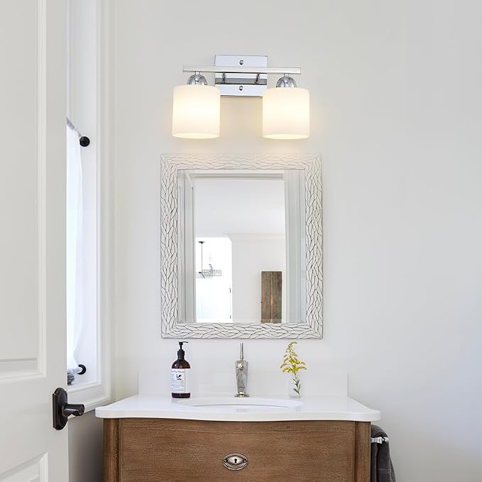 Mecgirn Stainless Steel Milk Glass Vanity Lights for Bathroom, 2 Light Chrome Bathroom Light Fixtures Over Mirror, Ceramic E26 Sockets Wall Mounted