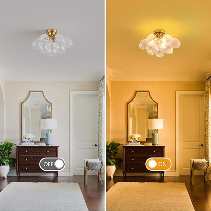 Bubble Chandelier Bubble Ceiling Light 17.7in Semi Flush Mount Chandelier Blown Glass Mid Century Close to Ceiling Light Fixture for Bedroom Hallway Entryway Kitchen Foryer Dining Room