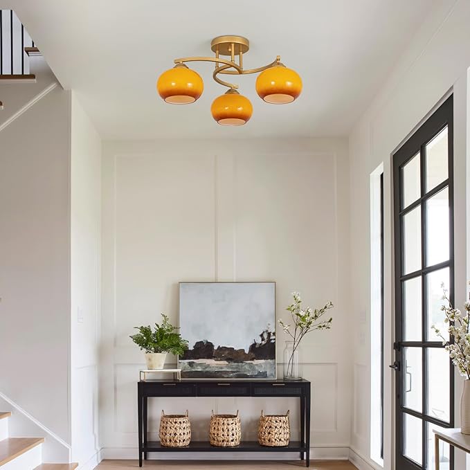 Semi Flush Mount Ceiling Light Fixture Modern Gold Globe Sputnik Chandeliers 3 Light Mid Century Orange Vintage Glass Chandelier for Dining Room Kitchen Bedroom Living Room Foyer Hallway