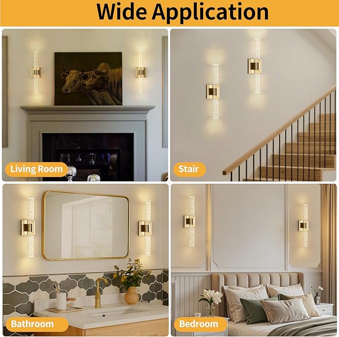 18 Inch Bathroom Sconces Set of 2, 3 Color Temperature Bubble Crystal Led Wall Sconce Indoor Wall Mount Vanity Light Bar Brass Hardwired Wall Sconce for Bedroom Living Room, 12W