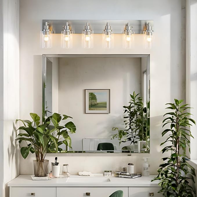 LOUSACE 6 Light Bathroom Vanity Light Brushed Nickel, Bathroom Lighting Fixtures with Clear Glass Shades Over Vanity Mirror, Modern Wall Sconces Fixtures for Bedroom Living Room, E26 Socket