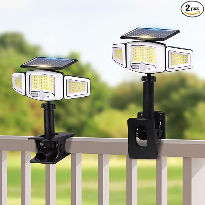 Clip on Solar Lights Outdoor with 3 Heads & 360°Angle Lighting, 1000LM 231 LEDs Motion Sensor Outdoor Lights, IP65 Waterproof Dual Charging Security Flood Light for Patio Fence Gutter (2 Pack)