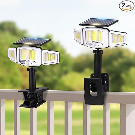 Clip on Solar Lights Outdoor with 3 Heads & 360°Angle Lighting, 1000LM 231 LEDs Motion Sensor Outdoor Lights, IP65 Waterproof Dual Charging Security Flood Light for Patio Fence Gutter (2 Pack)