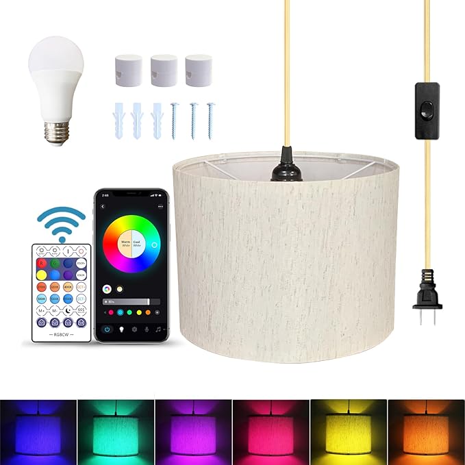 ZSLAIFU 15FT Plug in Pendant Light, Hanging Lamp with Switch, Flaxen Hanging Lights with Plug in Cord, Pendant Lamp with Remote Control，Pendant Light Fixture for Living Room Bedroom Farmhouse