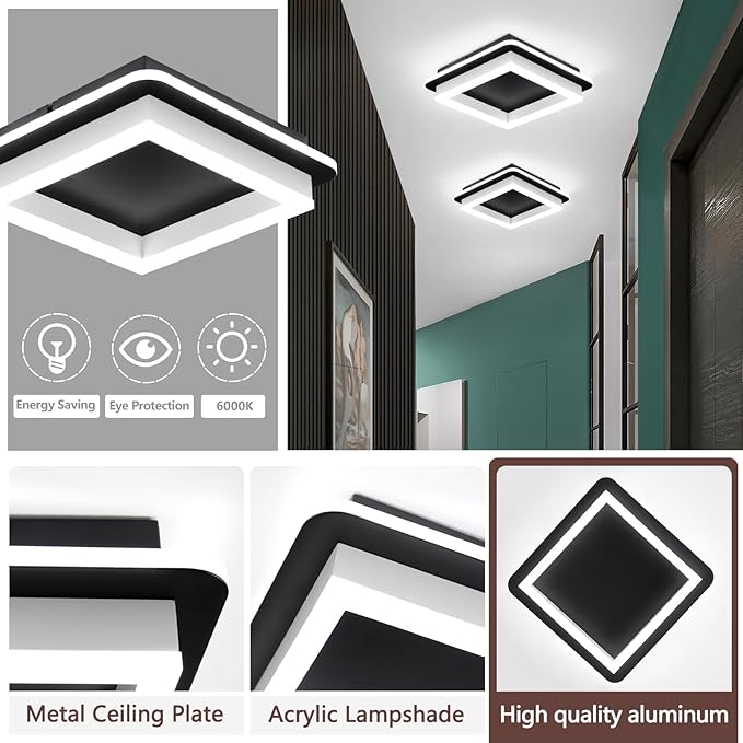 CANEOE 2 Packs Square Flush Mount Ceiling Light, 6000K Modern LED Ceiling Light Fixture, Minimalist Hallway Lighting Fixture Ceiling Lamp for Hallway Entryway Bedroom Balcony (Matte Black)