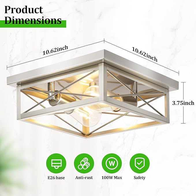 Brushed Nickle Hallway Light Fixtures, 2-Light Modern Farmhouse Flush Mount Ceiling Lights, 2-Pack Chrome Kitchen Light Fixtures, Square Close to Ceiling Lights for Bedroom Living Room Entryway