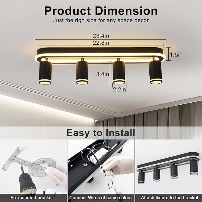 LED 4 Light Track Lighting Spotlight Kit, Black Ceiling Spotlights, Modern Track Light Fixture with Flexibly Rotatable Light Heads, 50W+20W Dual Lighting for Kitchen Living Room,Includes 4 x GU10 Bulb