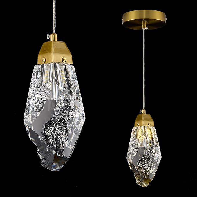 Gold Crystal Pendant Light, Modern Mini Hanging Ceiling Light with Prism K9 Crystals, LED Compatible Small Chandelier for Kitchen Island, Bathroom, Bedroom, Bar, Hallway, Foyer