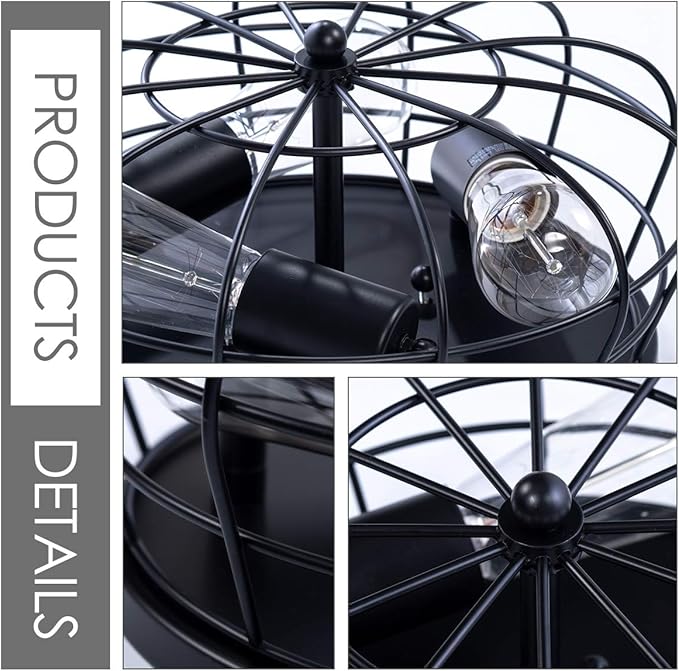 VILUXY Industrial Black Semi Flush Mount Ceiling Light 3-Light Rustic Ceiling Lamp Fixture with Metal Cage for Kitchen Living Room Dining Room Bedroom Hallway