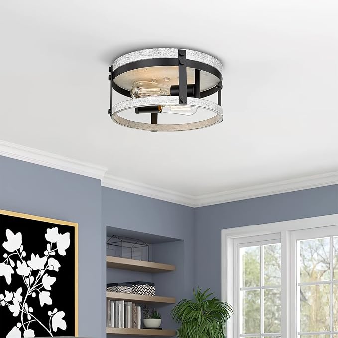 2-Light Farmhouse Ceiling Light, 12 inch Oak White Kitchen Flush Mount Ceiling Light, Round Rustic Light Fixtures with Wood Finish for Hallway Entryway, OS-3016WH