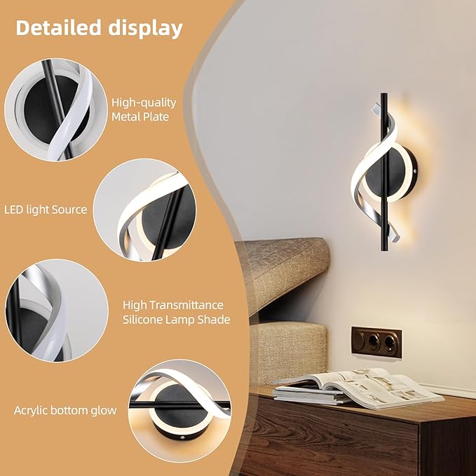 EIDISUNY LED Wall Sconces Indoor, 12W LED Wall Mount Lights, Modern Spiral Wall Lamp, 3000K Warm White LED Light Fixture for Stairs Living Room Bedroom Aisle Hallway (Warm White, Black)