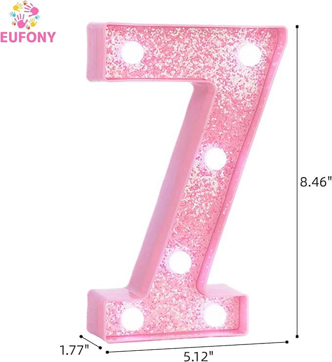 Pink Light Up Marquee Numbers, Glitter LED Number Lights Signs Battery Operated for Girls 7th 17th 27th Pink Birthday Party Table Decorations, 8 Inch Tall Number 7 with Cool White Lights